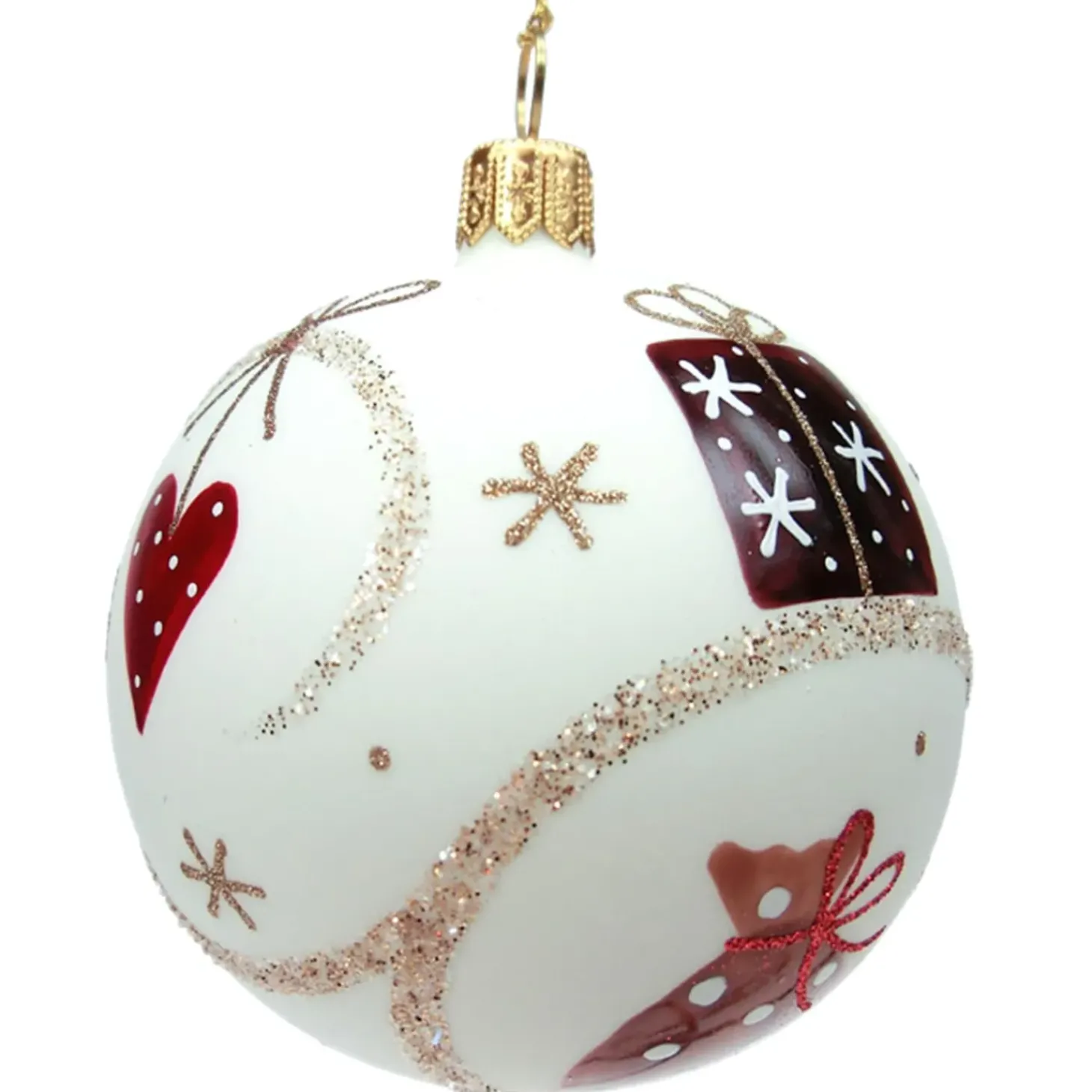 Glaskugel Cremefarben Matt Mit Weihnachtlichen Motiven, 7 Cm